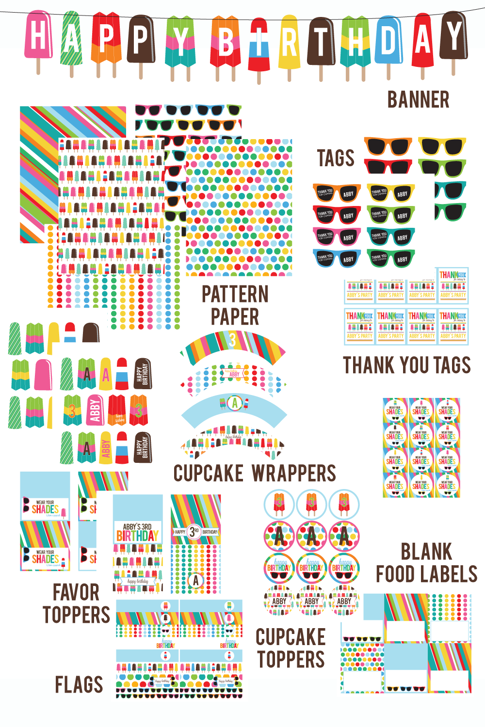 printable Popsicles & Sunglasses BIRTHDAY Collection by Wants and Wishes